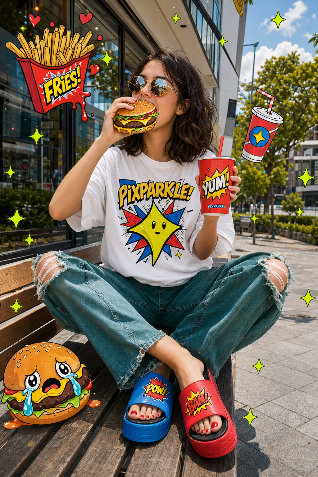 AI-generated pop-art street style portrait: model with PIXPARKLE comic graphic tee and floating cartoon fast-food doodles for high-CTR social posts