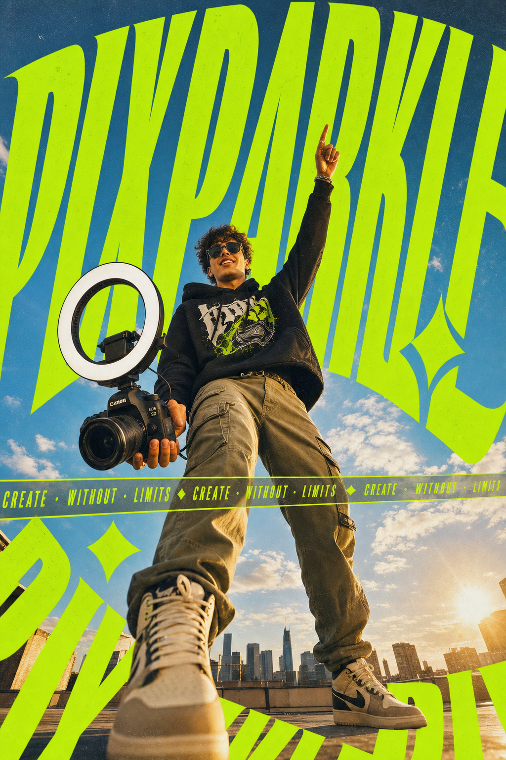 AI-generated neon kinetic typographic poster: content creator on rooftop with oversized PIXPARKLE lime-green warped lettering and film grain for high-CTR YouTube thumbnail campaigns