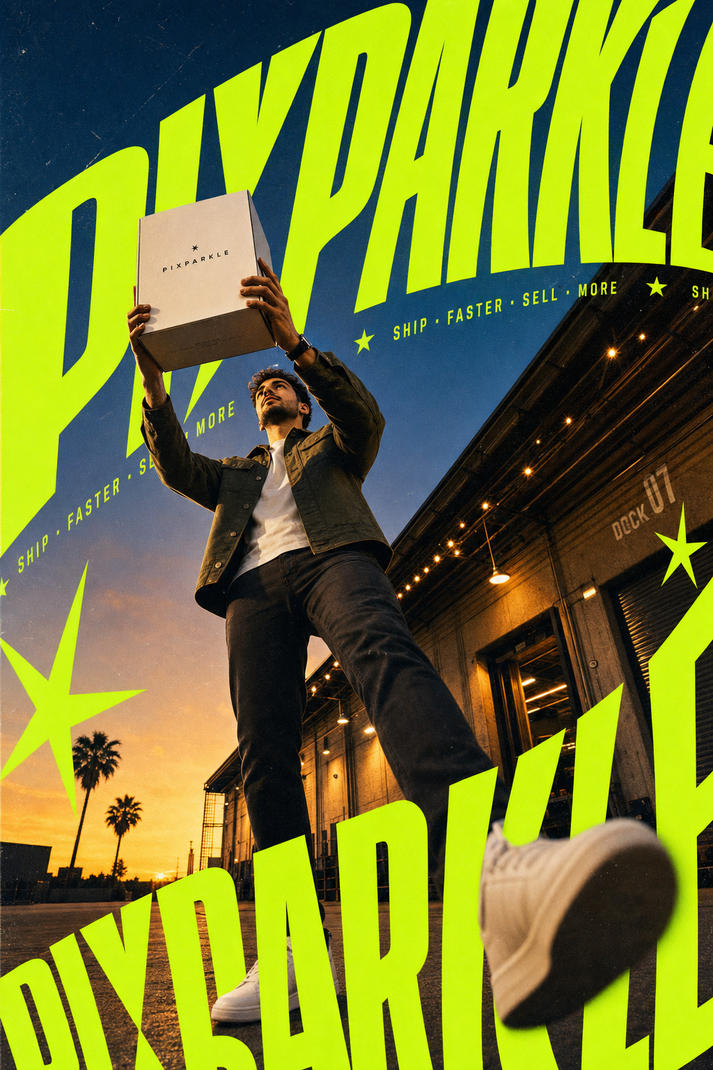AI-generated neon kinetic typographic poster: e-commerce brand owner at loading dock with oversized PIXPARKLE lime-green typography and dusk sky for DTC seller marketing ads