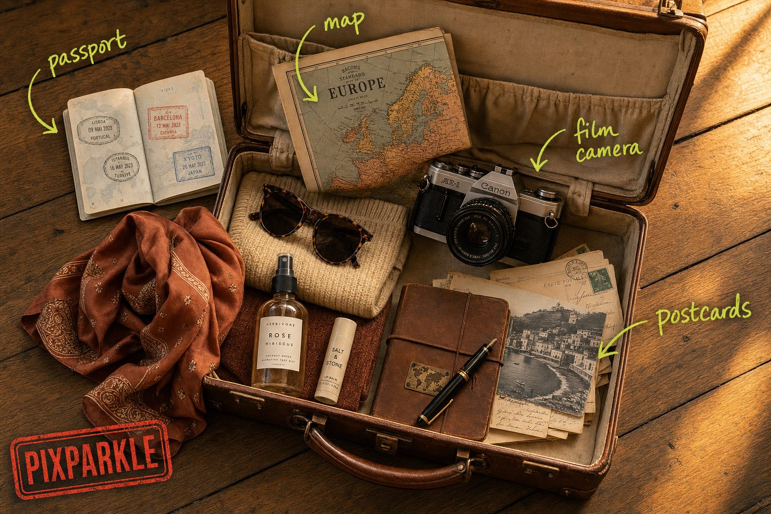 AI-generated cozy travel packing flat lay: open vintage leather suitcase with passport, map, film camera, sunglasses, silk scarf and postcards on warm oak wooden floor with hand-drawn chartreuse-green marker labels and PIXPARKLE rubber stamp for travel editorial social content