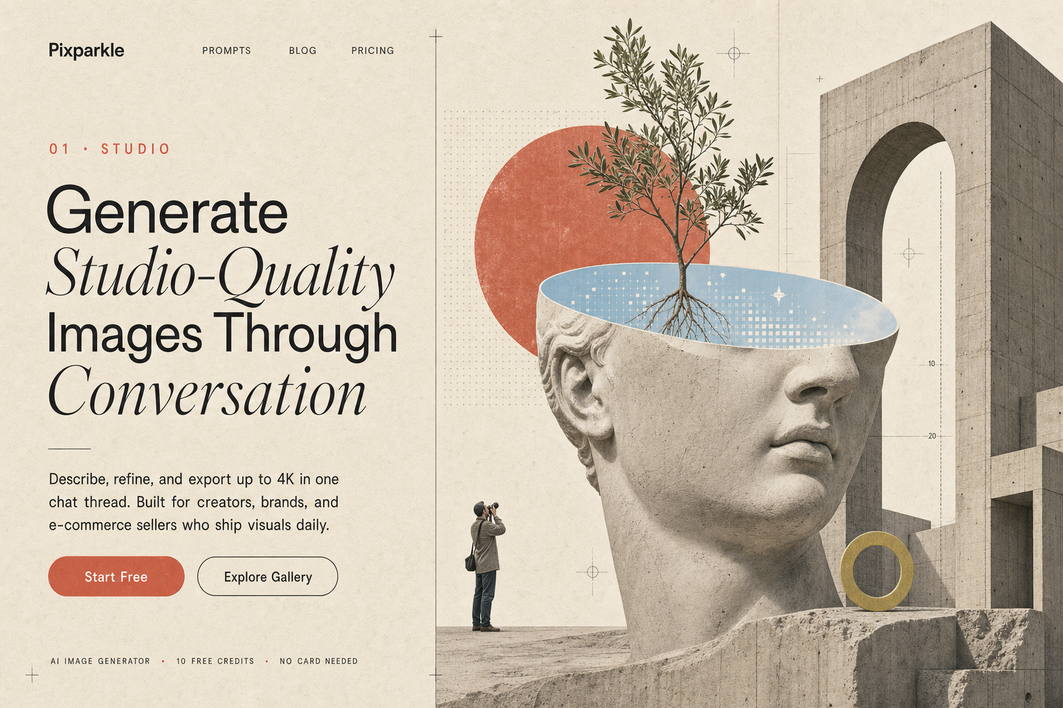 AI-generated digital editorial collage: cropped classical plaster head with pixel-grid constellation inside sliced-open crown, olive tree seedling growing through, brutalist concrete archway, tiny camera figure, coral sun disk and chartreuse accent ring on warm handmade paper with Swiss editorial layout and PIXPARKLE headline typography