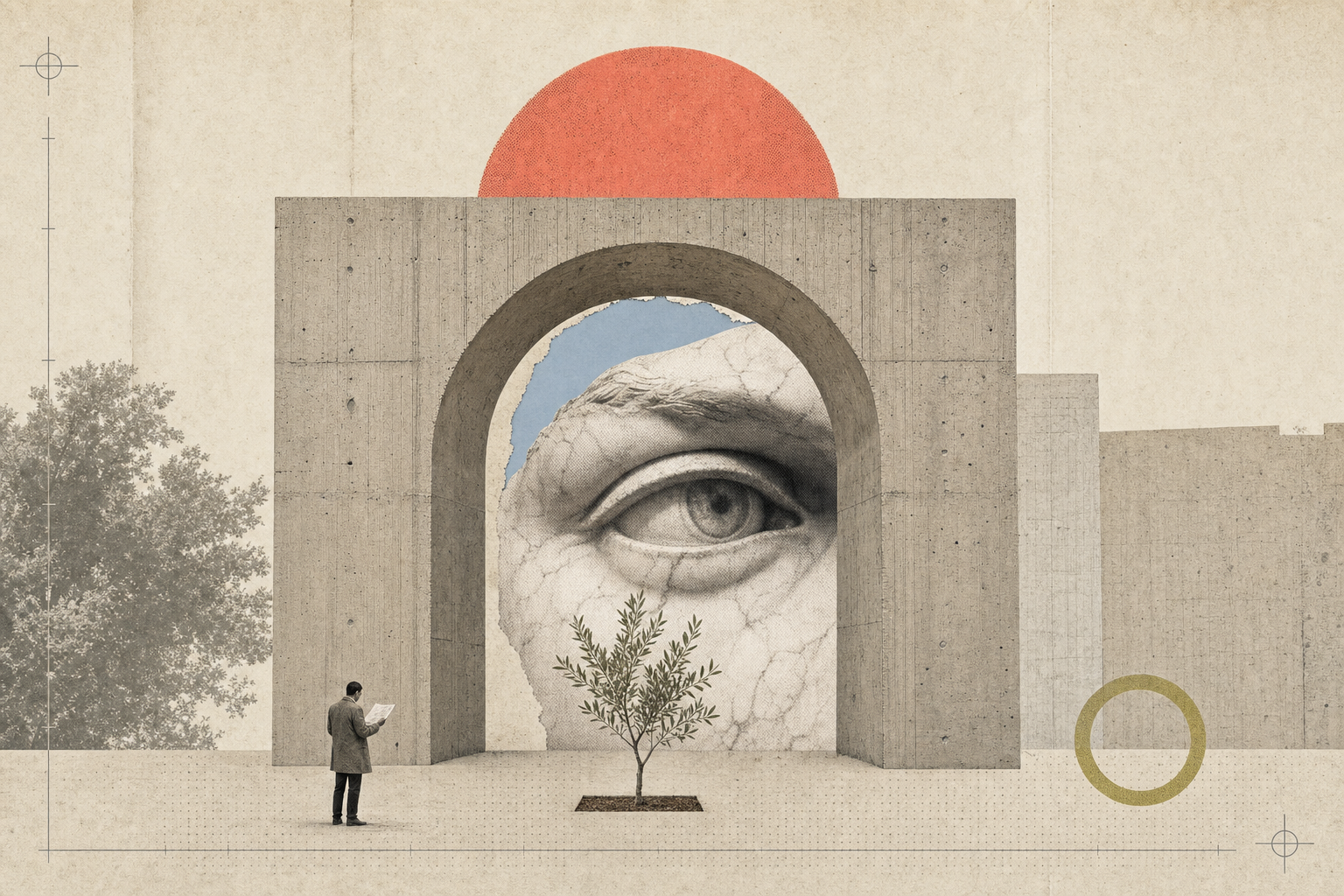 AI-generated digital editorial collage: monumental brutalist concrete archway framing a macro-scale classical marble eye through torn paper window, olive tree seedling at base, tiny figure for scale, coral sun disk and chartreuse ring on warm handmade paper with drafting lines, zero text pure gallery art