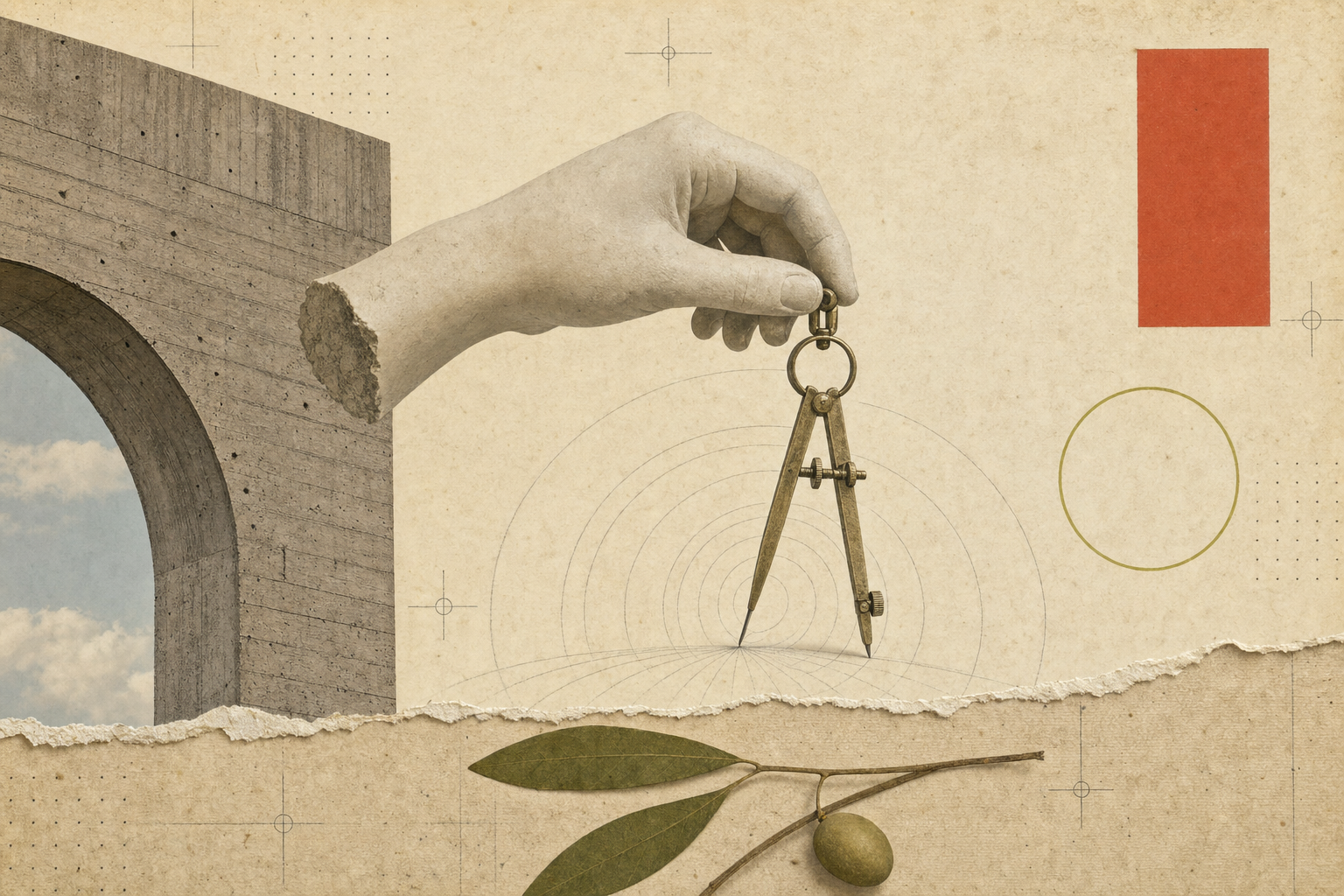 AI-generated analog surrealist paper collage: classical plaster hand holding brass compass over parchment with concentric arcs, brutalist concrete archway cropped by left edge, terracotta filled rectangle and chartreuse-gold outlined circle on aged cream parchment with torn paper edge and olive branch