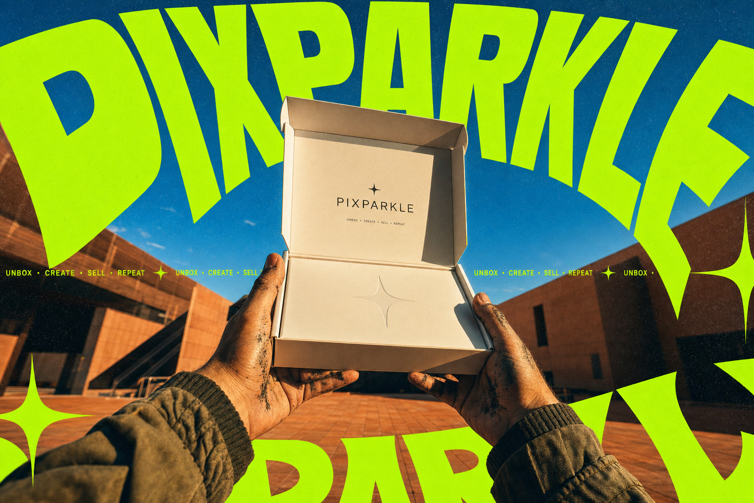 AI-generated neon kinetic typographic poster: hands unveiling PIXPARKLE branded product box with oversized lime-green curved lettering, UNBOX CREATE SELL secondary text, horizontal 3:2 for e-commerce hero banners