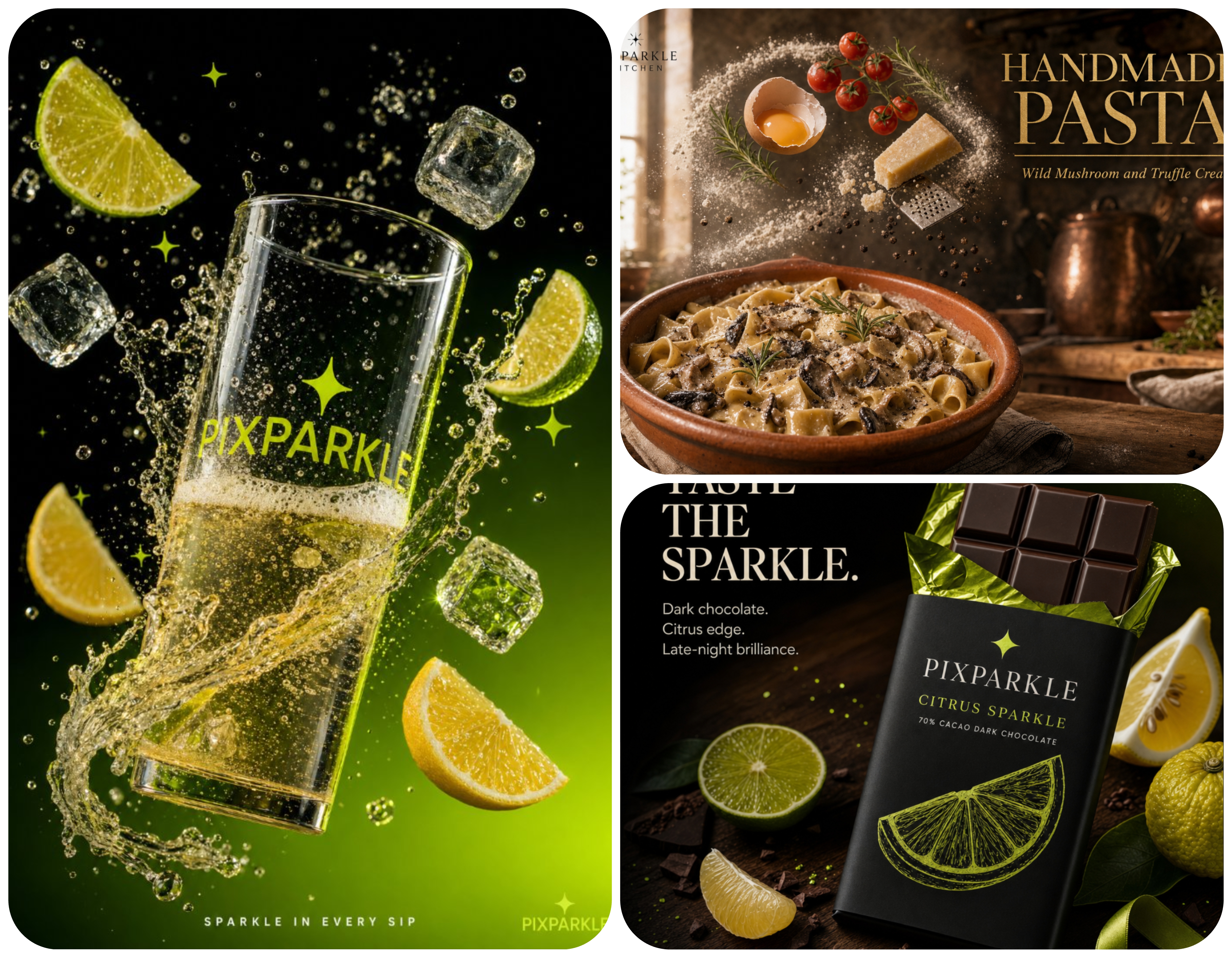 Three polished standalone product ads (sparkling beverage with citrus and ice, handmade pasta in warm earthy food photography, dark chocolate bar with citrus accents) each rendered in a completely different visual style
