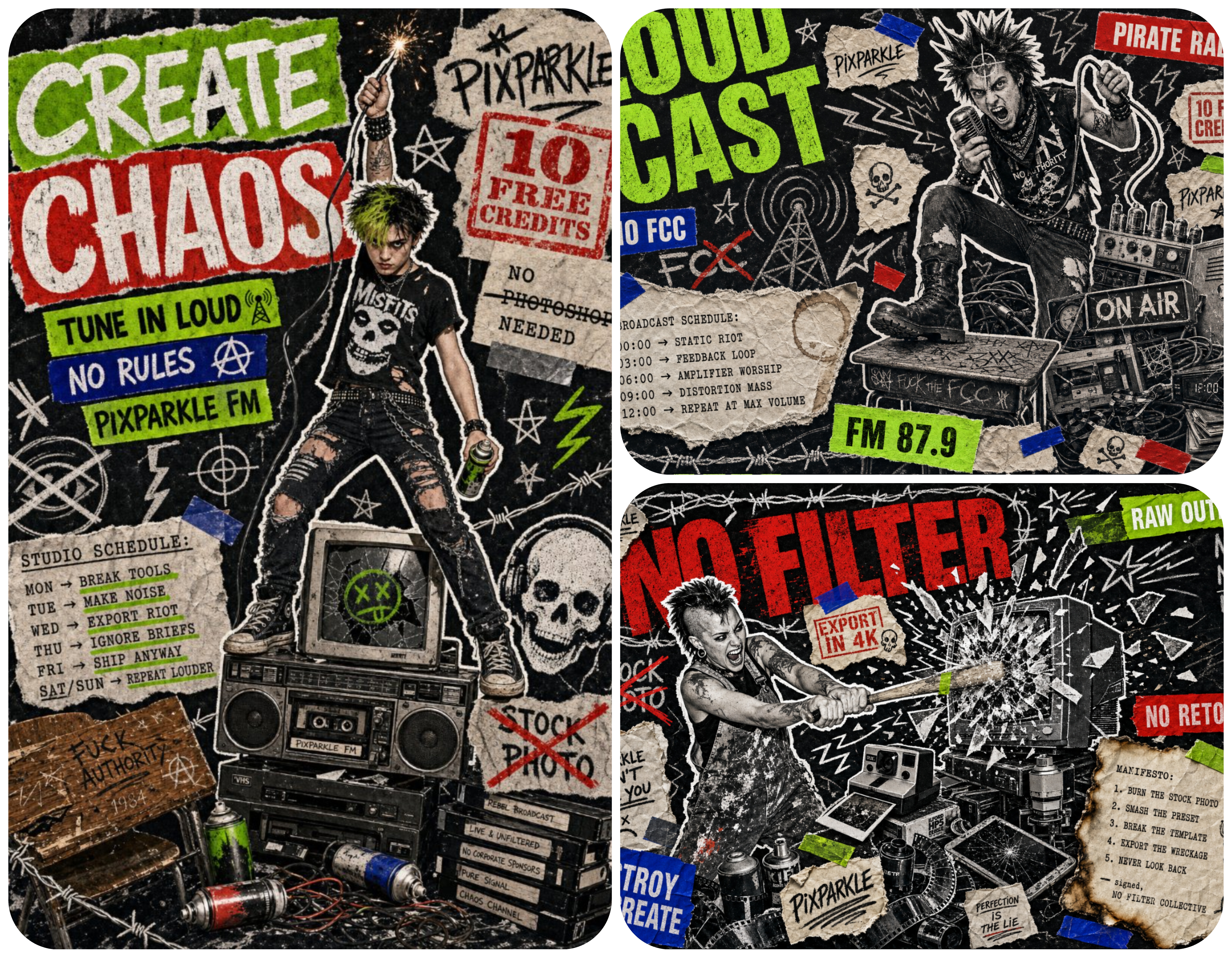 Three-panel punk zine collage with the same green-haired punk character across CREATE CHAOS pirate radio poster, LOUD CAST broadcast scene, and NO FILTER photo session, all sharing torn paper texture, hand-drawn punk typography, skull and lightning motifs, and the PIXPARKLE FM brand frame