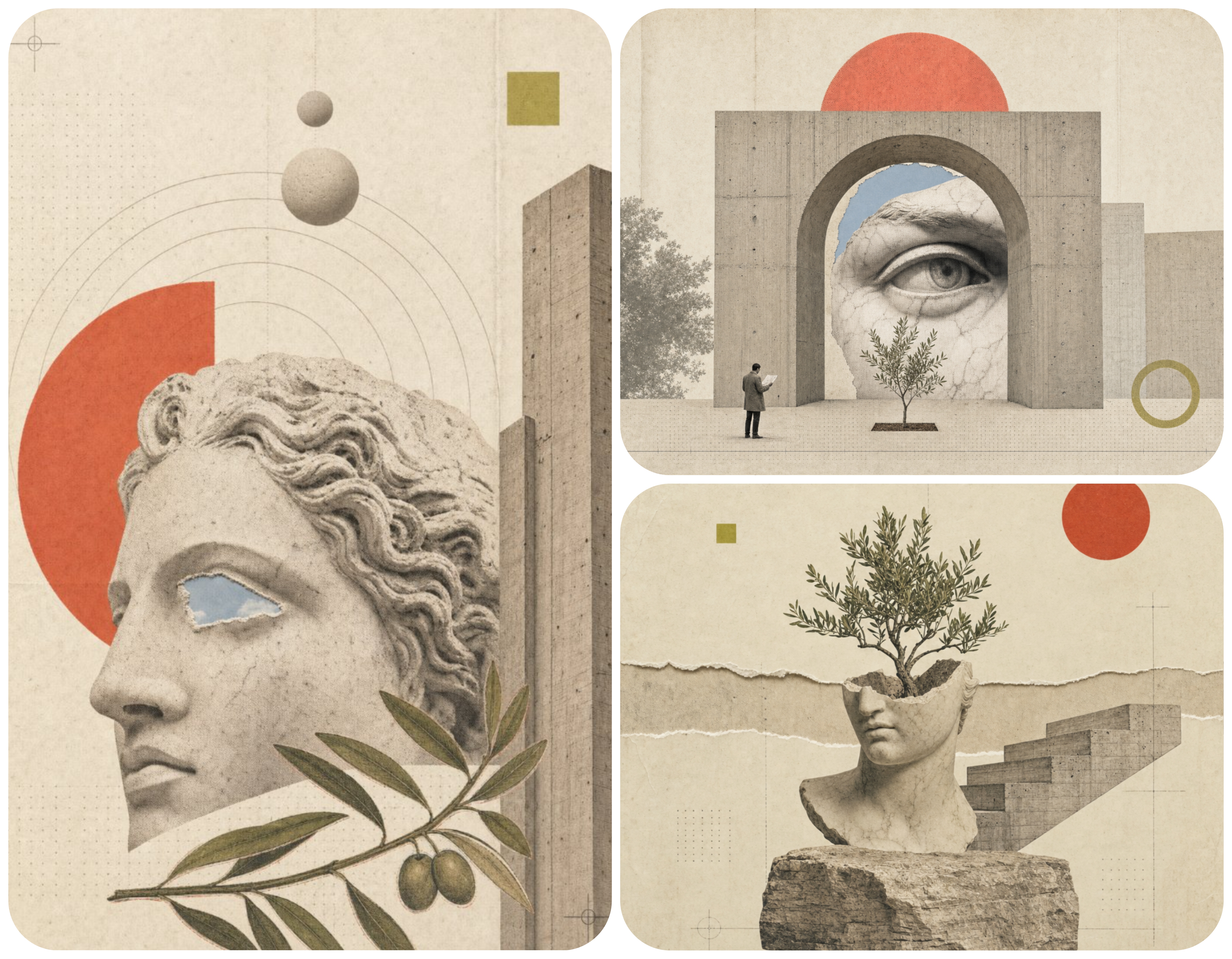 Three-panel editorial collage of classical sculptures, geometric circles, and olive branches sharing one cream and terracotta palette, paper grain texture, and sculpture-plus-geometry composition across three different subjects