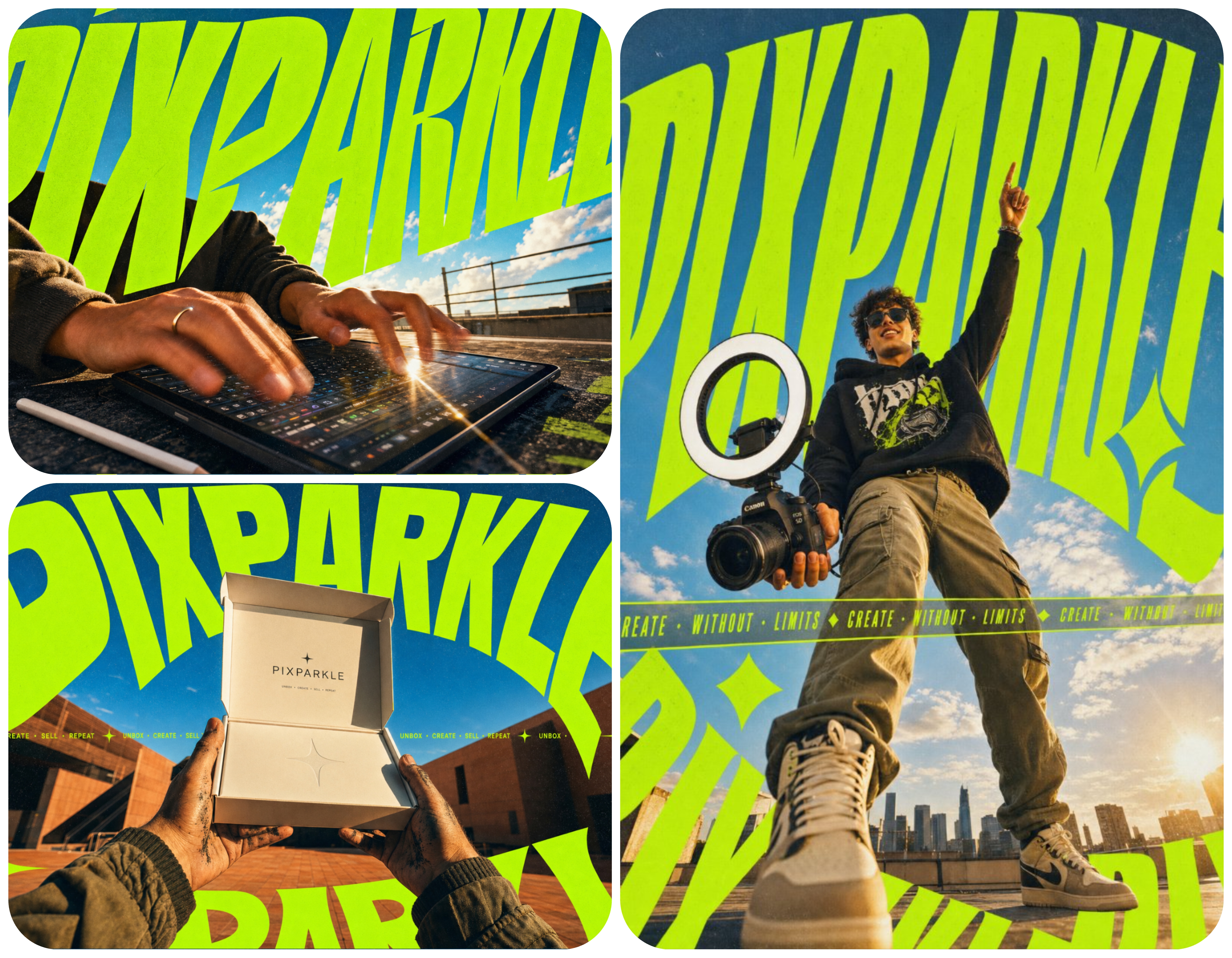 Three-panel urban brand collage with neon green PIXPARKLE wordmark over keyboard close-up, product box held aloft, and a creator on a rooftop, all sharing the same warped neon typography and warm golden-hour street photography style